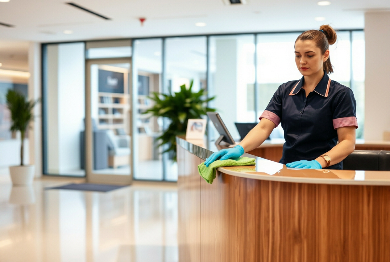 Professional commercial cleaner wiping a reception desk in a modern Salem VA office